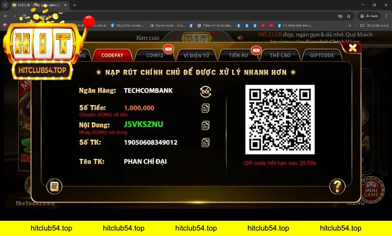 Giao diện nạp tiền HITCLUB