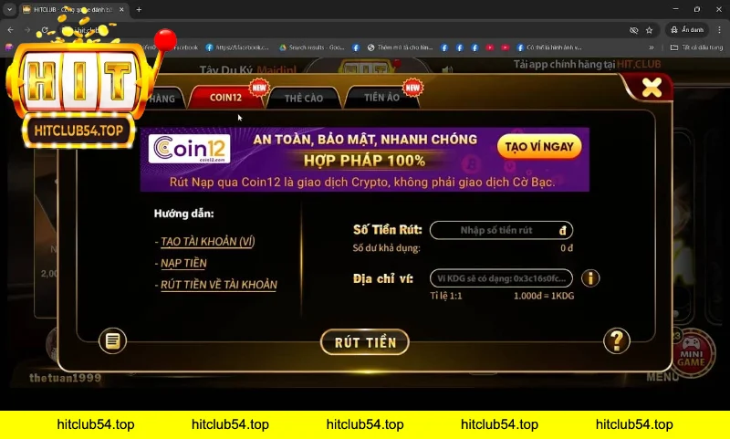 Giao diện rút tiền HITCLUB
